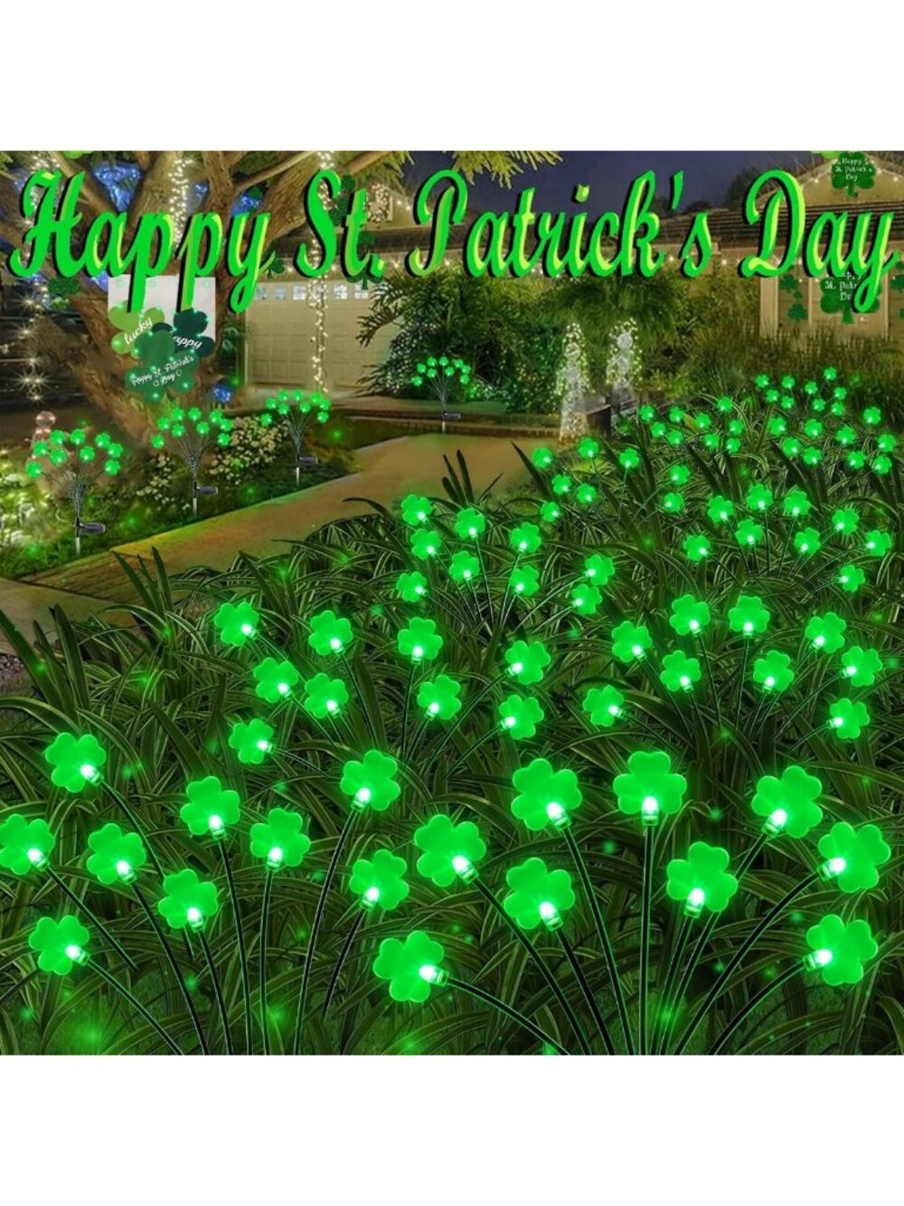 2 Pack St. Patrick's Day Solar Lights - 18 LED Green Shamrock Outdoor Decor